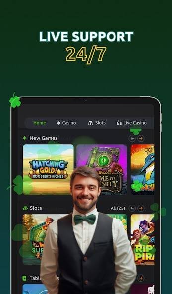 Geckoplay-sovelluksen aula pelivalikoimineen ja live-tukineen