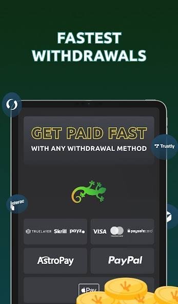 Fast withdrawals and payment methods screen in the Geckoplay app